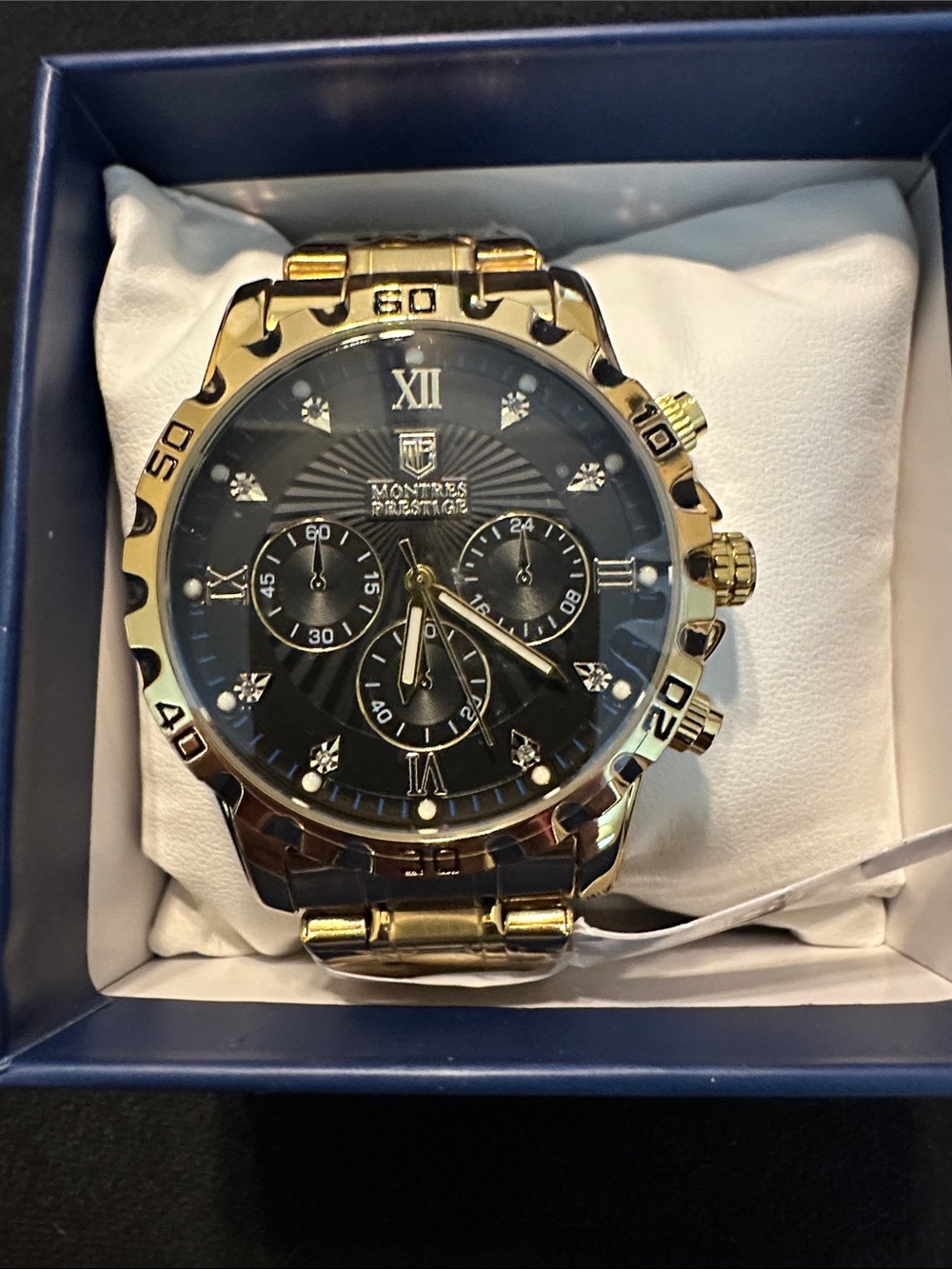 44mm Montres Prestige Gold-Tone Chronograph Watch with Black Dial